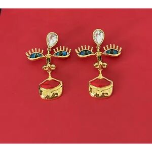 Gold-tone Face Motif Drop Earrings with Blue Eye and Red Lip